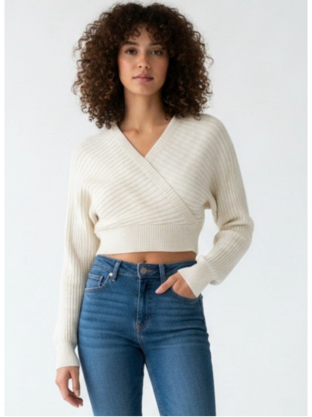 12th Tribe Salty Blonde Cream Ribbed V-Neck Sweater Small
